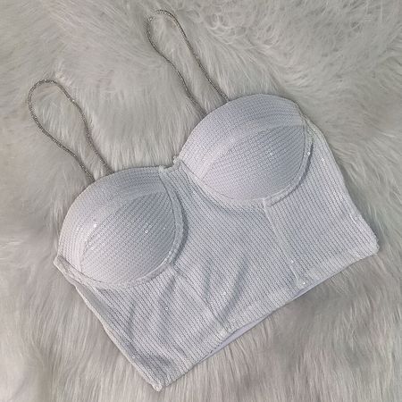 Cropped em Paetê Lantejoula Alça de Brilho Branco com Bojo Moda Gringa