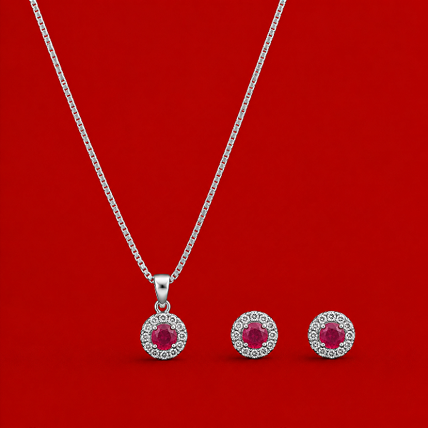Conjunto Ponto de Luz Mini Cravejado Rosa Escuro em Prata 925