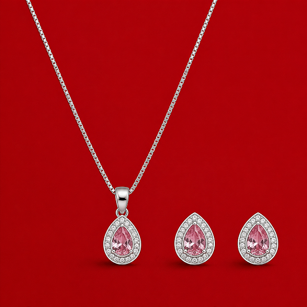 Conjunto Gota Rosa Cravejada em Prata 925