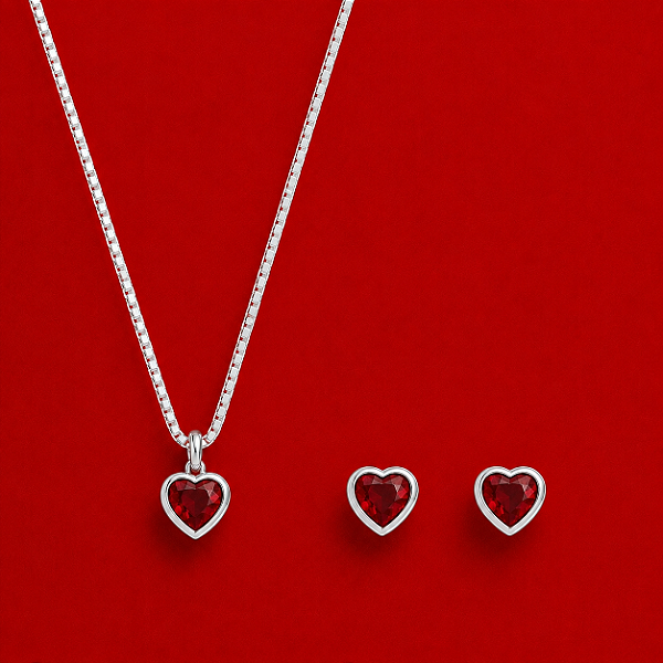 Conjunto Coração Vermelho em Prata 925