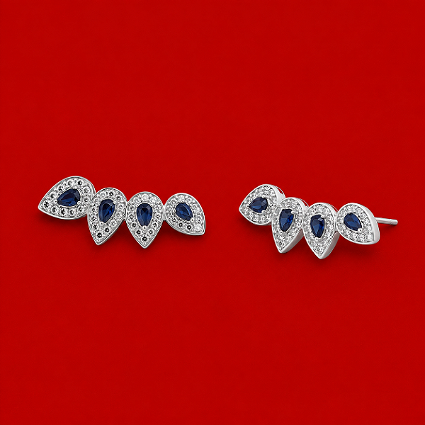 Brinco Ear Cuff Gotas Azuis Cravejadas em Prata 925