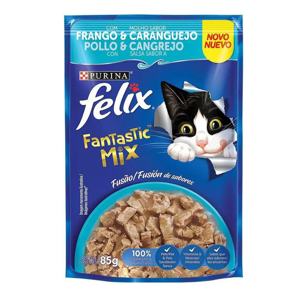 Ração Úmida Félix Gatos Adultos Fantastic Mix Frango e Caranguejo 85 g