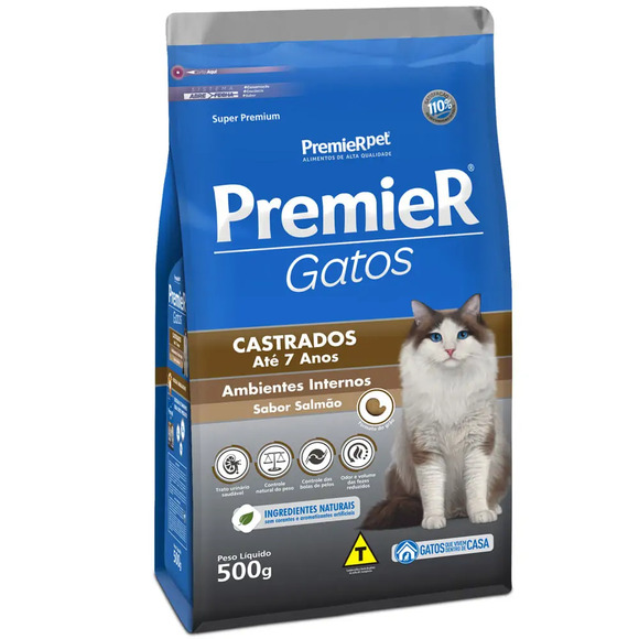 Ração Premier Ambientes Internos Gatos Castrados Até 7 anos Salmão 500 g