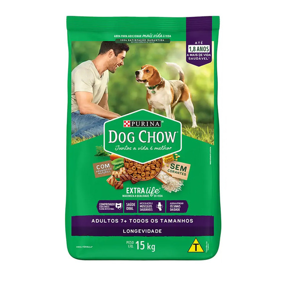 Ração Dog Chow Cães Adultos 7+ Longevidade Carne, Frango e Arroz 15 kg
