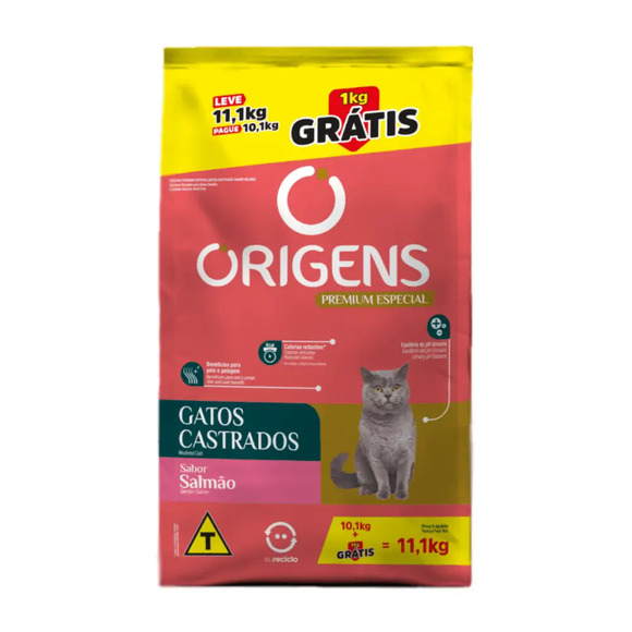 Ração Origens Gatos Castrados Salmão Leve 11,1kg Pague 10,1kg