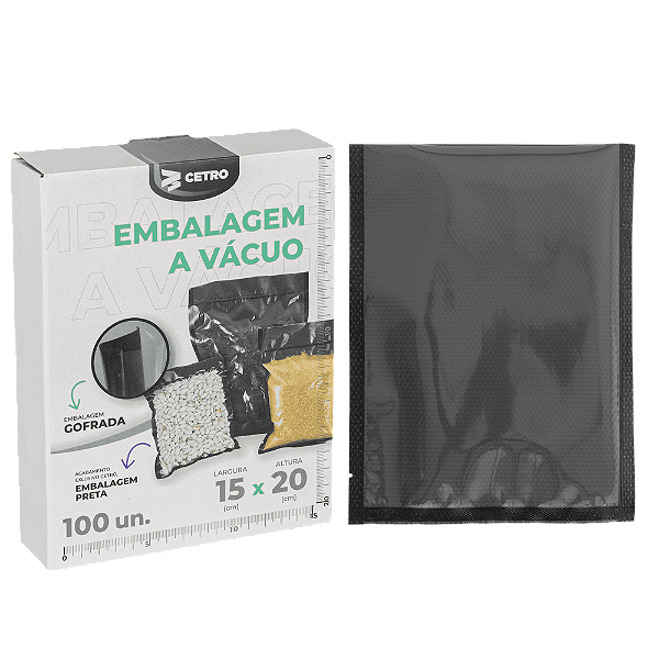 Embalagem a Vácuo 15x20cm - 100 Unidades Gofrada Preta em Sacos Pré-Formados