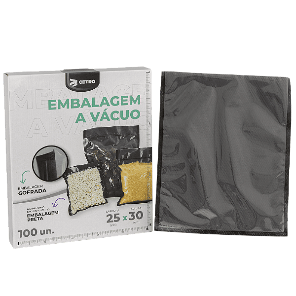 Embalagem a Vácuo 25x30cm - 100 Unidades Gofrada Preta em Sacos Pré-Formados