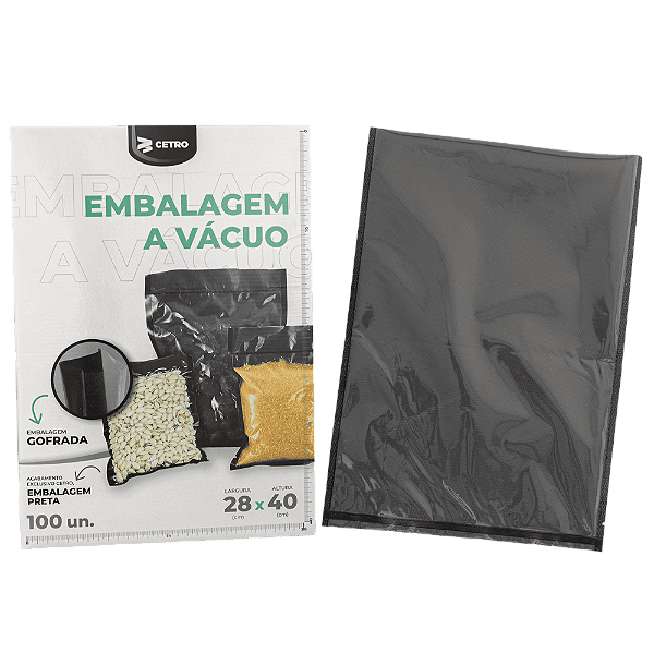 Embalagem a Vácuo 28x40cm - 100 Unidades Gofrada Preta em Sacos Pré-Formados