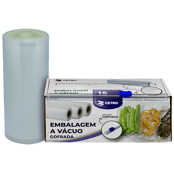 Embalagem a Vácuo 15x500cm Gofrada Transparente em Rolo e Caixa com Cortador