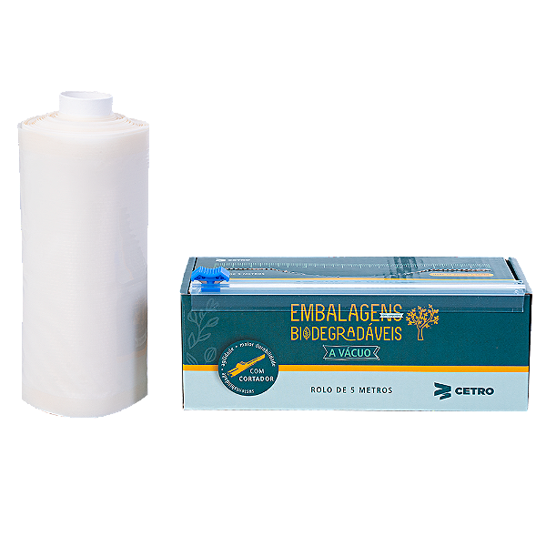 Embalagem a Vácuo Biodegradável 15x500cm Gofrada em Rolo e Caixa com Cortador