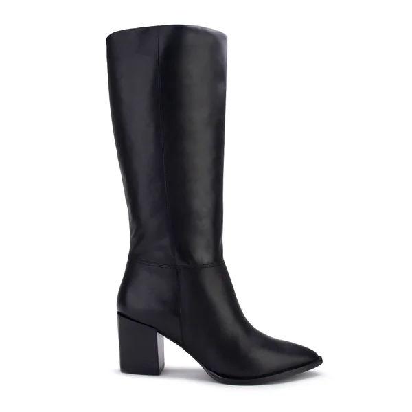 Bota Couro Cano Alto Salto Bloco Bico Fino Lia Line Preto