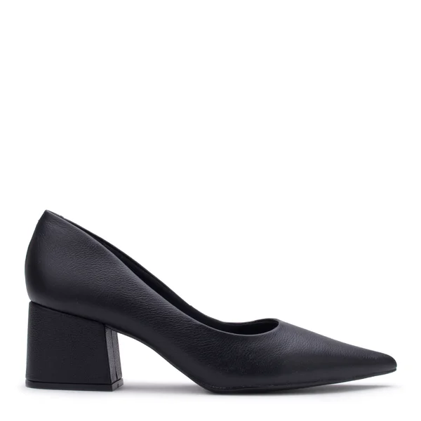 Scarpin de Couro Bico Fino com salto Bloco Baixo Preto Lialine