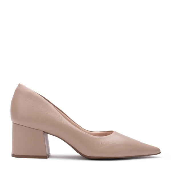 Scarpin de Couro Bico Fino com salto Bloco Baixo Nude Lialine