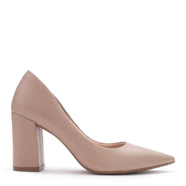 Scarpin Nude de Couro Bico Fino com Salto Bloco Alto Lialine