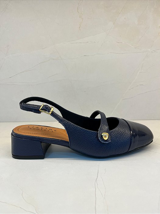 Slingback  Salto Baixo Azul Marinho em Couro Linha Comfort Lialine