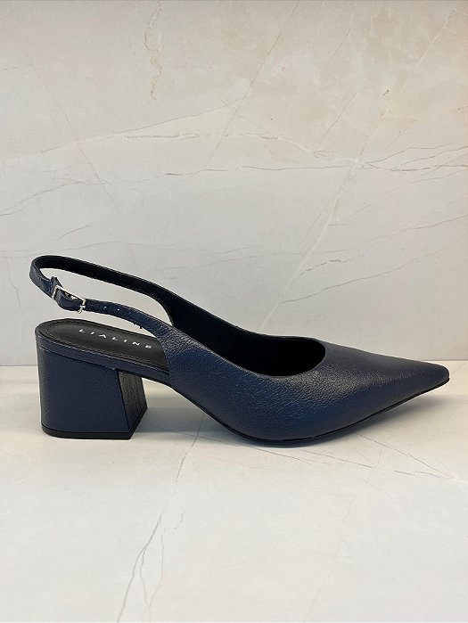 Slingback Bico Fino com Salto Bloco em Couro Lialine