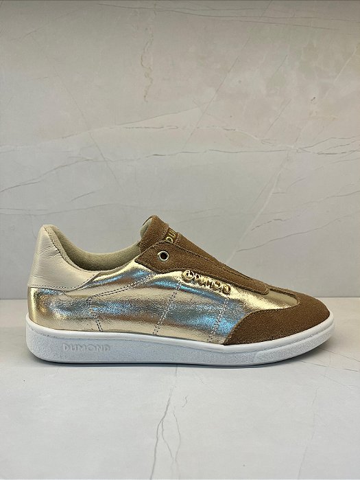 Tênis Casual Feminino Dumond em Couro Metalizado Dourado e Camurça Sem Cadarço