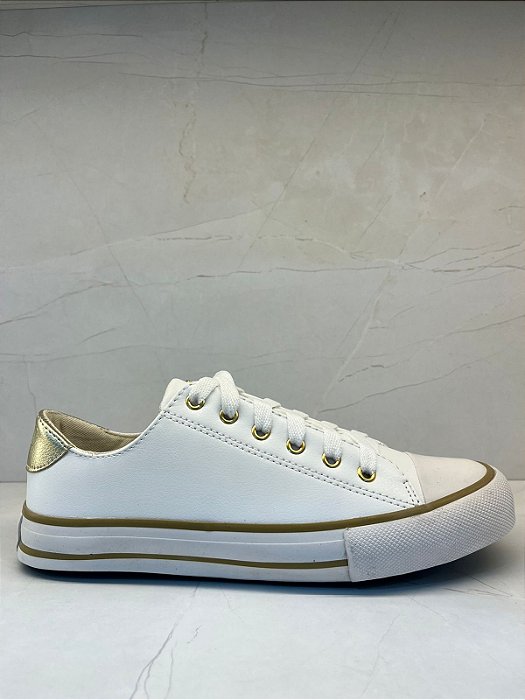 Tênis Casual Feminino Dumond Branco com Detalhes Dourados