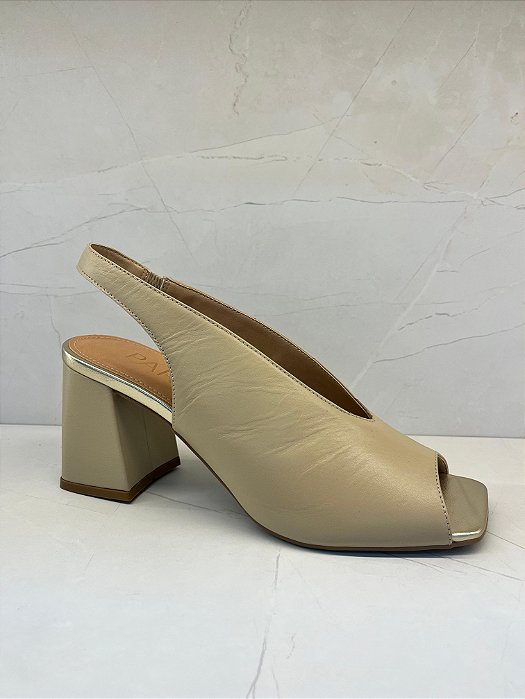 Peep Toe Slingback Paraonda em Couro Nude com Metalizado