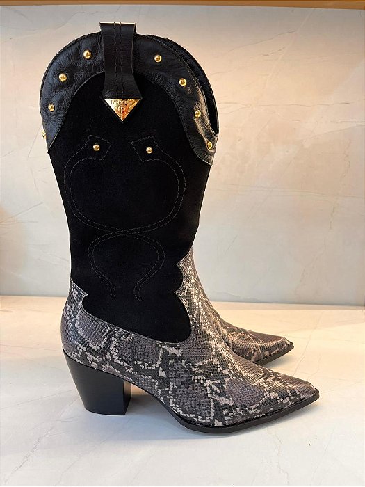 Bota Paraonda Texana Cano Alto em Couro Preto Snake