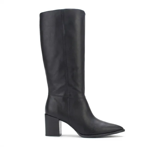 Bota Lialine em Couro Preta Cano Longo com Salto Bloco