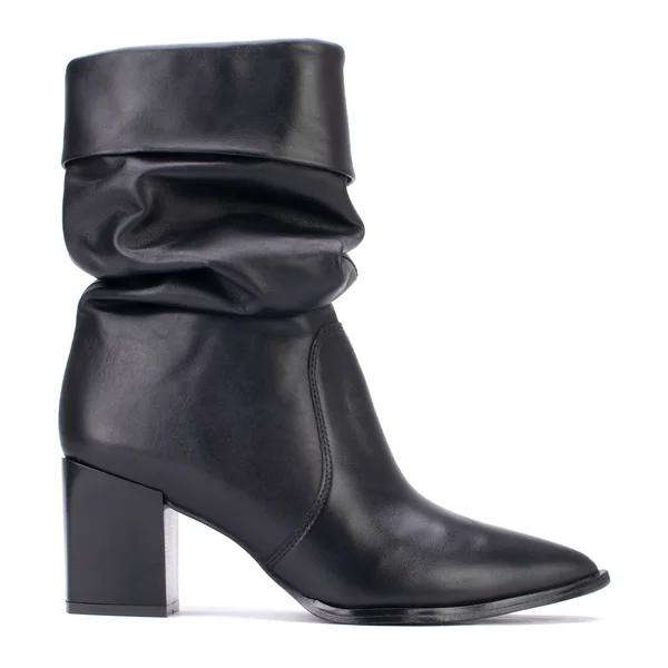 Bota Slouchy Lialine em Couro Preta Cano Médio Salto Bloco