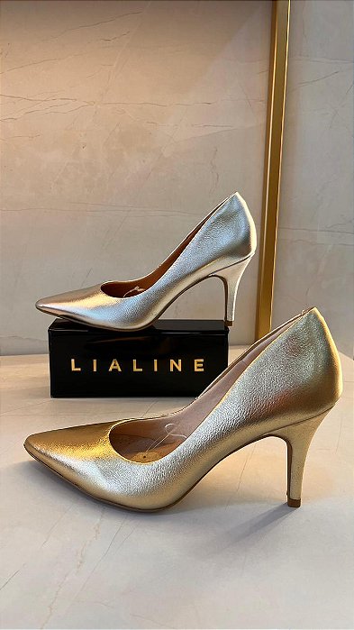 Scarpin Bico Fino em Couro Prata e Dourado Lialine