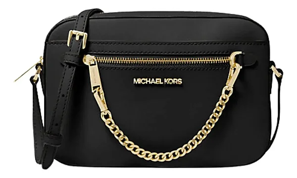 Bolsa Transversal Michael Kors Jet Set Couro Saffiano Preto Couro Ouro Preto