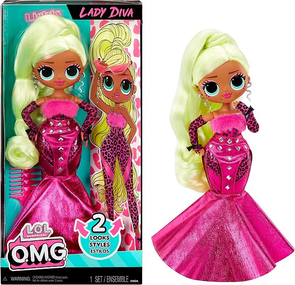 Boneca LOL Surprise OMG Lady Diva Fashion com várias surpresas, incluindo roupas transformadoras e acessórios fabulosos