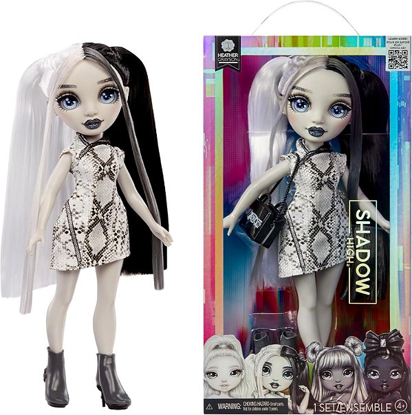 Boneca RAINBOW HIGH Shadow High Heather Grayson 28 cm, cabelo e roupa em preto e branco, bolsa com estilo, bonito presente para crianças dos 4 aos 10 anos