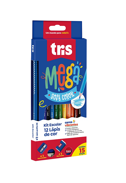 Lápis de Cor Megasoft 12 Cores Tris + Borracha + Apontador + Lápis de Escrever