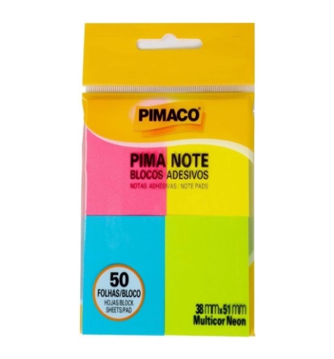 Bloco Adesivo "Post it" 38x51mm c/4 Cores Neon c/50 folhas - Pimaco