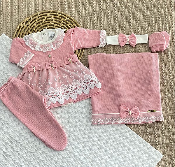 Saída de Maternidade 6 Peças em Malha Tricô – Vestido, Body, Manta, Luvas e Tiara