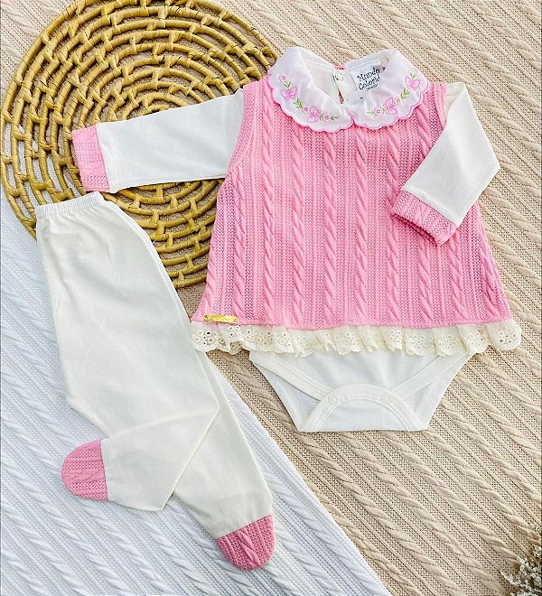Conjunto de Pagão Feminino 3 Peças – Vestido Tricô Body e Mijão em Malha - RN (0-2 meses)