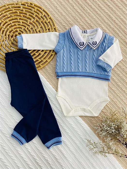 Conjunto Pagão Casaco Bebê - Suéter, Body e Calça Masculino | Mundo Colorido | Tamanho RN (0-2 meses)