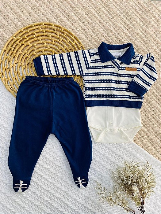 Conjunto Pagão Casaco Bebê - Suéter, Body e Calça Masculino | Mundo Colorido | Tamanho RN 0-2 meses