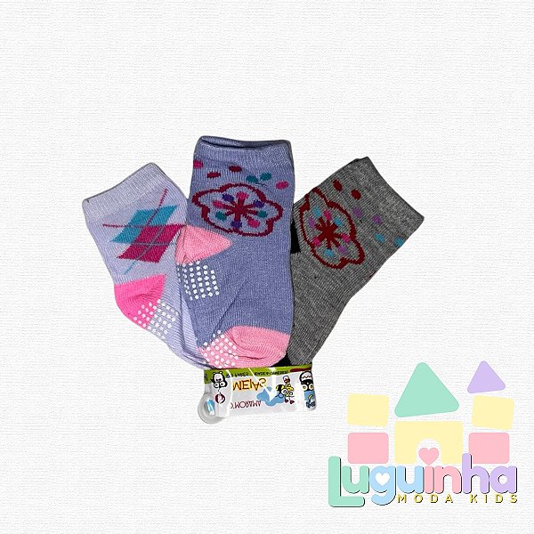 Kit 3 Pares Meia Infantil menina Antiderrapante 6-12 Meses