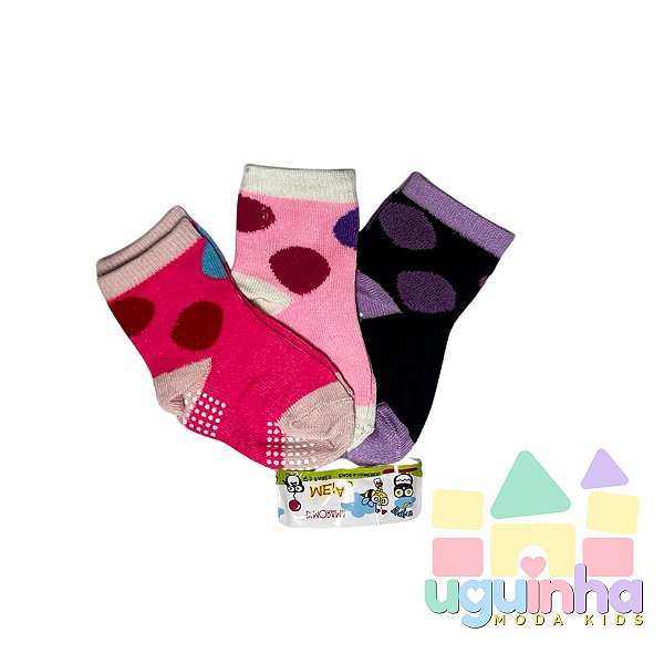 Kit 3 Pares Meia Infantil menina Antiderrapante 6-12 Meses