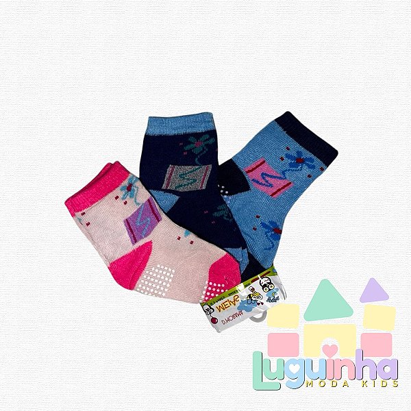Kit 3 Pares Meia Infantil Menina Antiderrapante 6-12 Meses