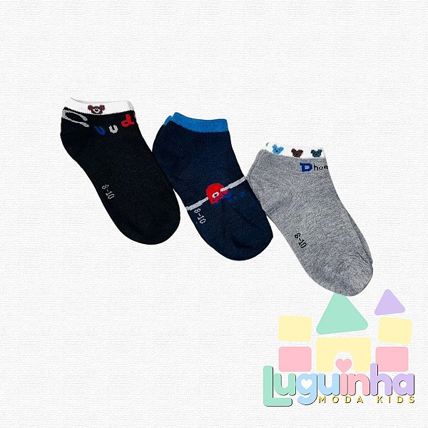 Kit 3 Pares Meia soquete Infantil 8-10 anos Menino