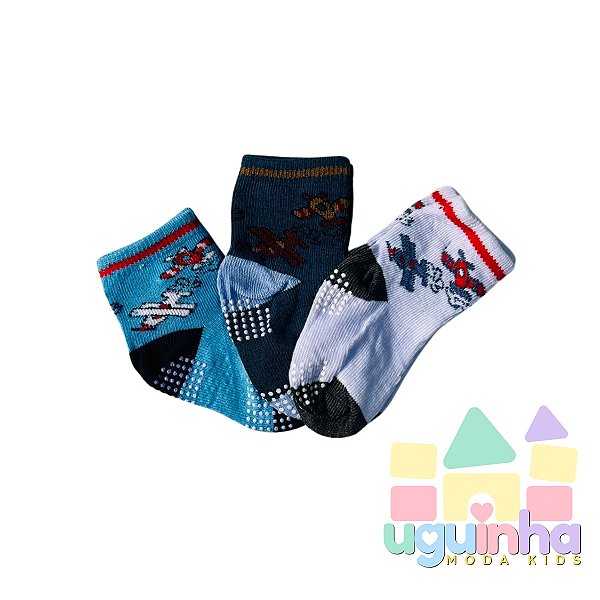 Kit 3 Pares Meia Infantil Antiderrapante 6-12 Meses Menino