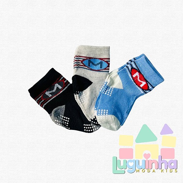Kit 3 Pares Meia Infantil Antiderrapante 6-12 Meses Menino