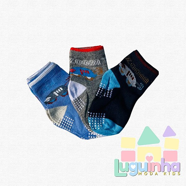 Kit 3 Pares Meia Infantil Antiderrapante 6-12 Meses Menino