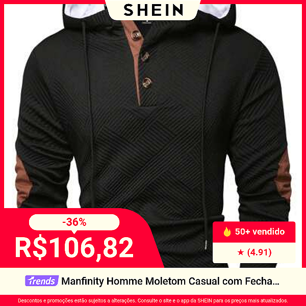 🛒Manfinity Homme Moletom Casual com Fechamento em Botões e Recorte em Cores Sólidas para Homens