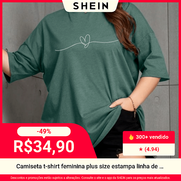 Camiseta T-Shirt Feminina Plus Size com Estampa de Linha