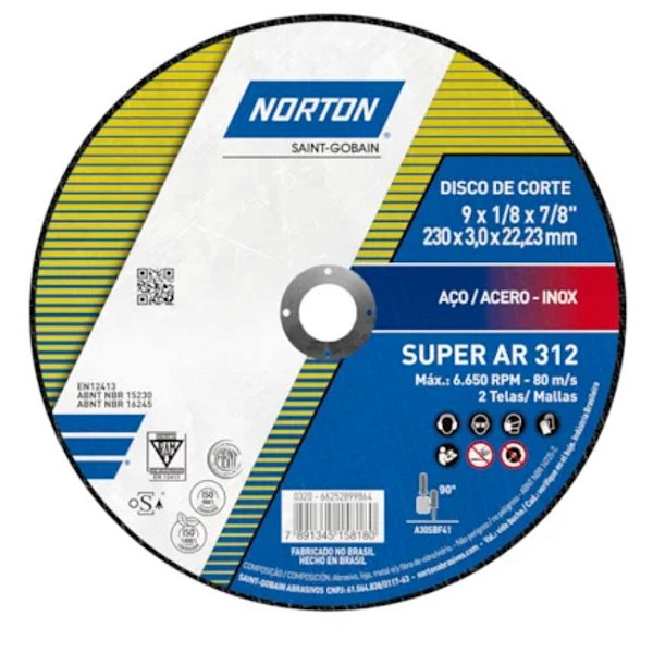 Disco de Corte Super AR312 9" X 1/8" X 7/8" (230 X 3,0 X 22,23mm) - NORTON