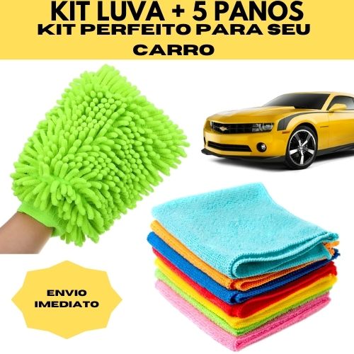 Kit de Lavar Carro Moto Limpeza automotiva Luva + 5 Pano Microfibra Microfibra Super Multiuso