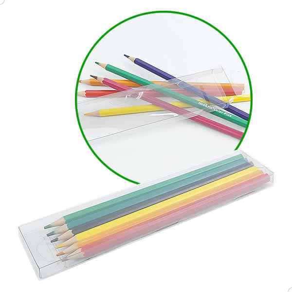Caixa de Acetato PXLapis-1 PX-207 (4,2x1x19,3 cm) (25un) Caixa para 06 Lápis de Cor Sextavado Ø7mm e Pente Lembrancinhas