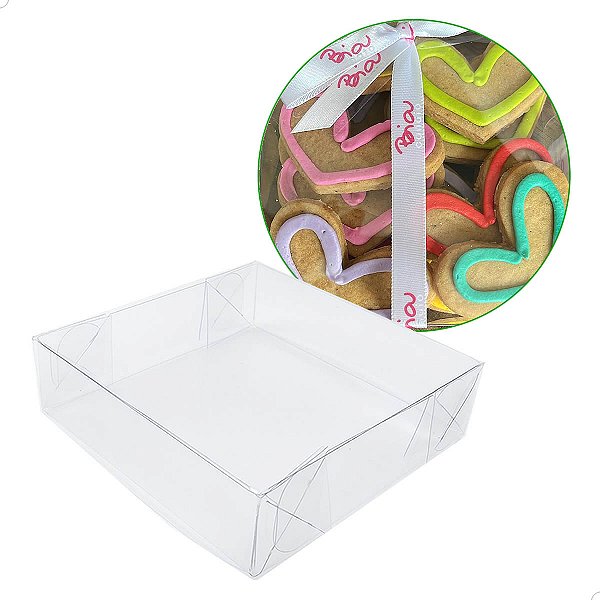 Embalagem para Biscoitos P-20 (10x10x2 cm) (25un) Tampa e Fundo Plástico Caixa de Acetato Transparente