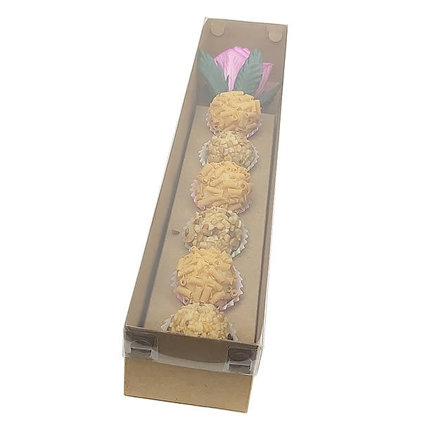 Caixa de Acetato KRP-328 (30.8x6x5 cm) (25un) Caixa para 6 Doces Brigadeiro e 1 Rosa Flor
